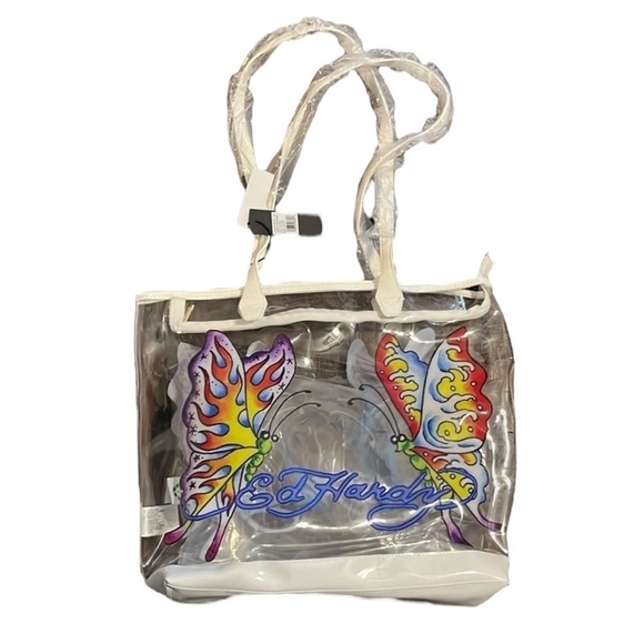 Ed Hardy Handbags - Ed Hardy Purple Butterfly clear PVC Tote